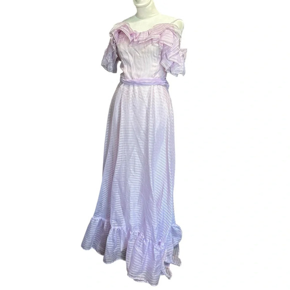 Vintage 1980s XS Purple Striped Off Shoulder Ruffle Maxi Formal Dress size 5/6 - Picture 1 of 6